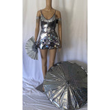 Mirror Dress Skater  Rave Festival Outfit Futuristic Disco Ball Umbrella Fan Boot Wraps