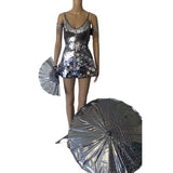 Mirror Dress Skater  Rave Festival Outfit Futuristic Disco Ball Umbrella Fan Boot Wraps