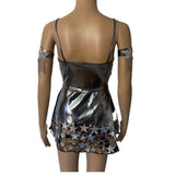 Mirror Dress Skater  Rave Festival Outfit Futuristic Disco Ball Umbrella Fan Boot Wraps