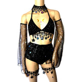 3 Pattern Options Stars and Moons Galaxy Celestial Rave  Festival Outfit Arm Warmers Mesh Skirt Bikini Necklace Leg garters